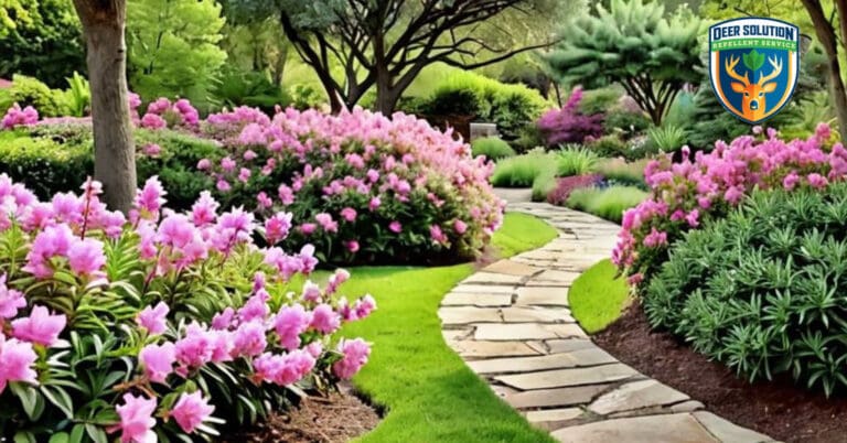 Lush garden with deer-resistant azaleas, lavender and ornamental grasses thriving without deer damage through Deer Solution's eco-friendly repellent service.