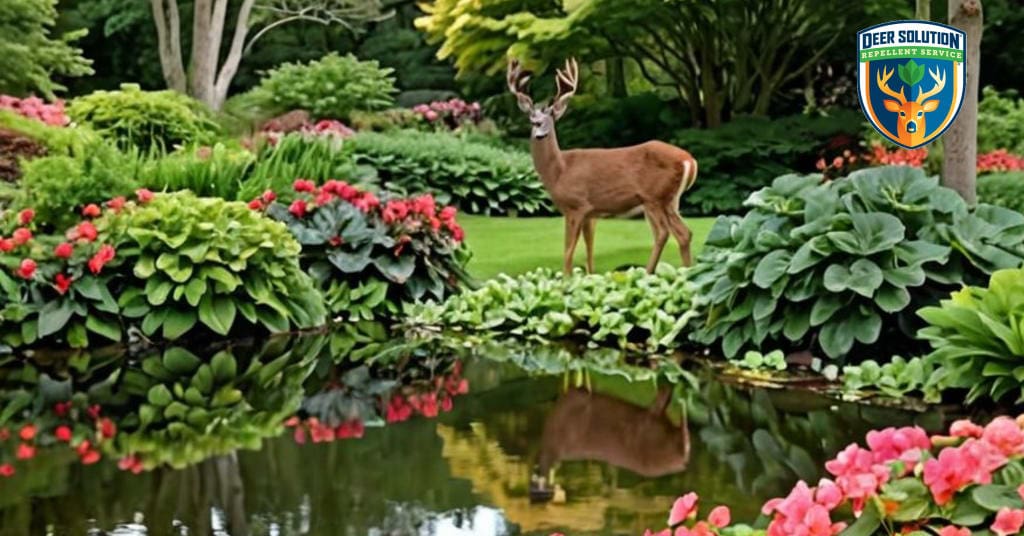 Begonias in full bloom share space with grazing deer in eco-friendly garden, showcasing Deer Solution's commitment to sustainable deer management.