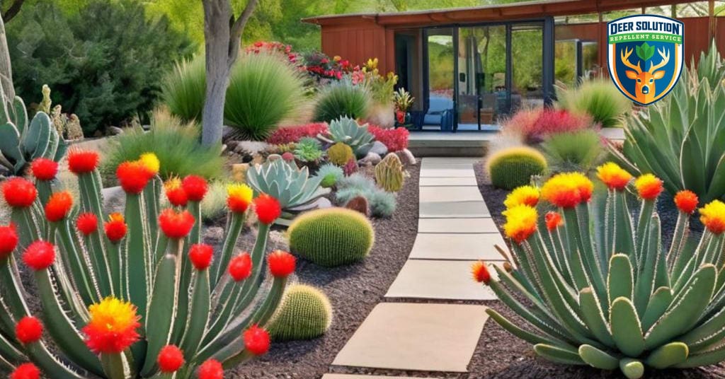 Vibrant cactus and succulent garden thrives with Deer Solution's eco-friendly repellent, attracting butterflies.