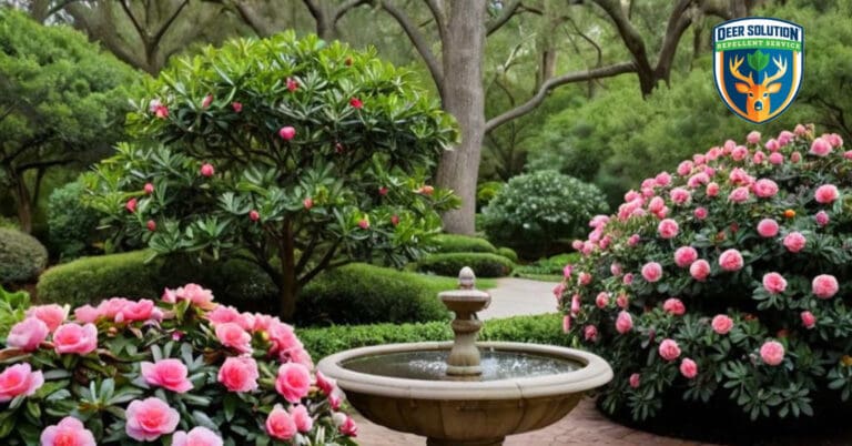 Lush camellia garden thrives with deer-resistant plants and repellent, creating an eco-friendly oasis where camellias are protected from deer browsing.