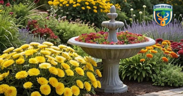 Vibrant deer-resistant garden with chrysanthemums, lavender, and ornamental grasses, exemplifying Deer Solution's eco-friendly deer management.
