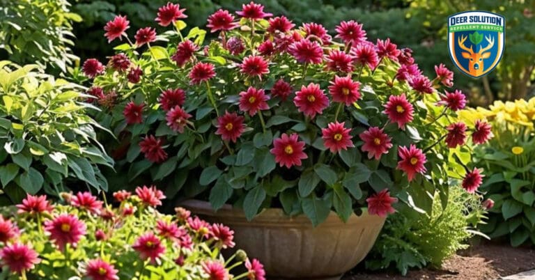 Vibrant dahlia garden with eco-friendly repellent, deterring deer while nurturing blooms in harmonious balance with nature's wonders.