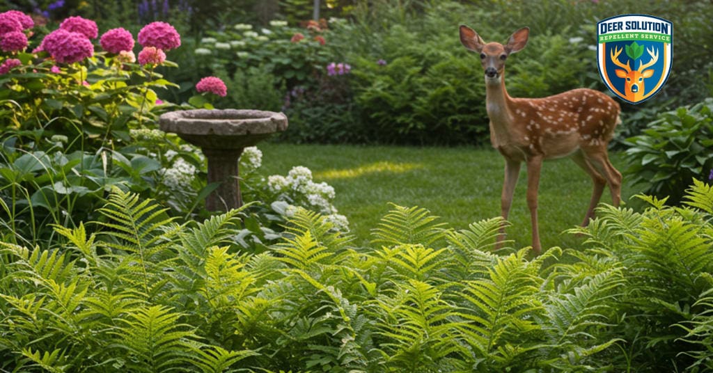 Lush garden with ferns, bright flowers, and a deer, highlighting Deer Solution's repellent.