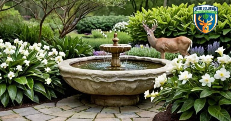 Fragrant gardenias bloom amidst deer-resistant plants and eco-friendly practices in a serene garden oasis, deterring deer without harming nature.