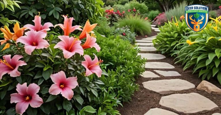 Hibiscus and deer-resistant plants thrive in eco-conscious garden, fostering harmony between blooms and wildlife through Deer Solution's repellent service.
