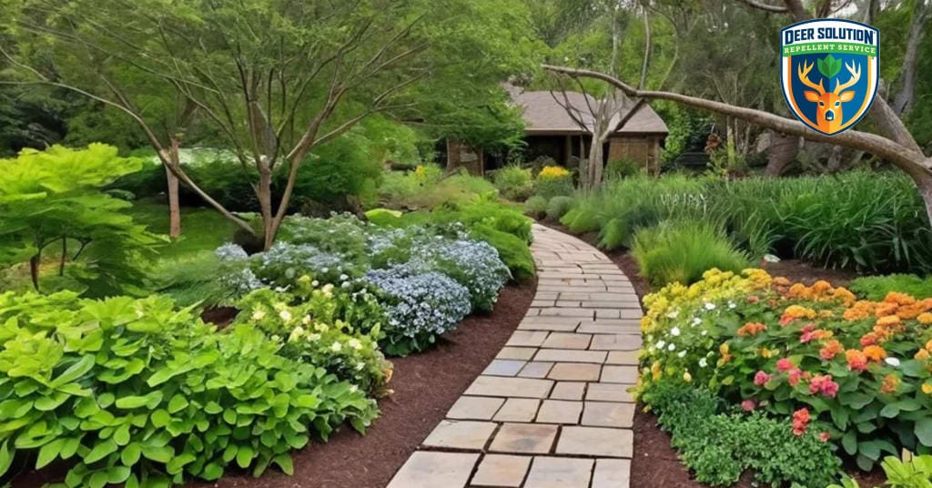 Lush garden with vibrant lantanas, native plants, and Deer Solution's eco-friendly repellent service.
