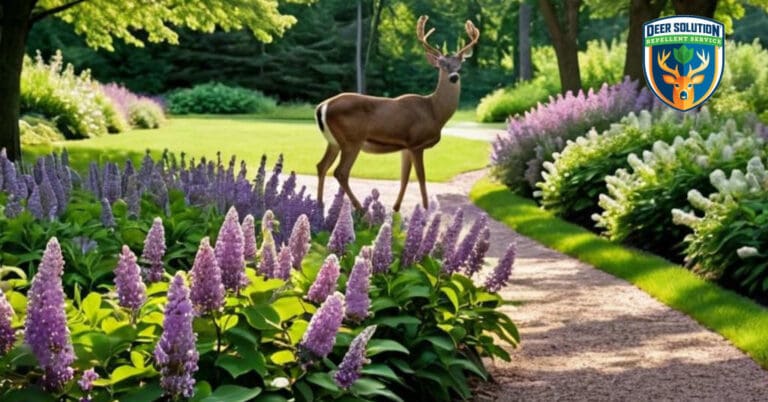 Lilac garden path with deer-resistant plants, pond and deer grazing peacefully, exemplifying Deer Solution's eco-friendly deterrent service.