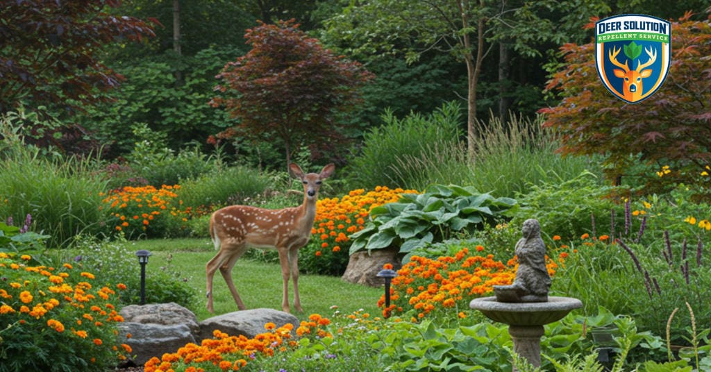 Vibrant deer-resistant garden with marigolds, bird baths, and eco-friendly practices like composting, exemplifying Deer Solution's commitment to sustainable gardening.