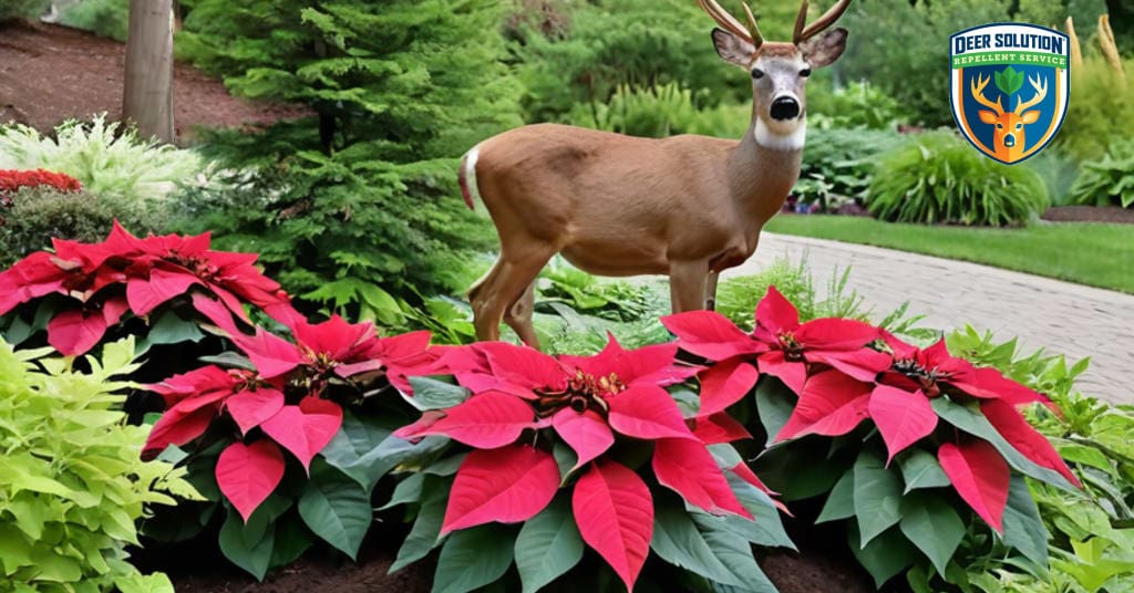 Eco-friendly garden with vibrant poinsettias, illustrating harmony with nature and addressing deer eating poinsettias issue.