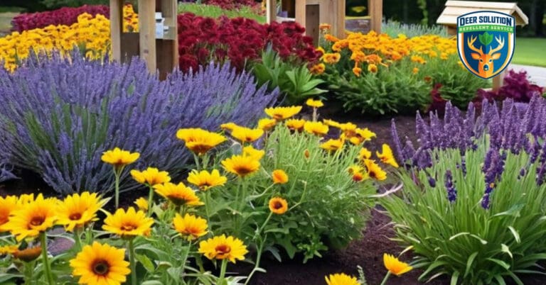 Lush garden with sunflowers, lavender, marigolds, safe from deer with Deer Solution® repellent. Do deer eat sunflowers?