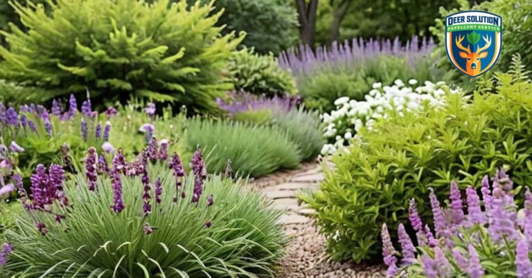 Vibrant garden with deer-resistant angelonia, lavender, and native plants thriving under Deer Solution's eco-friendly repellent service.
