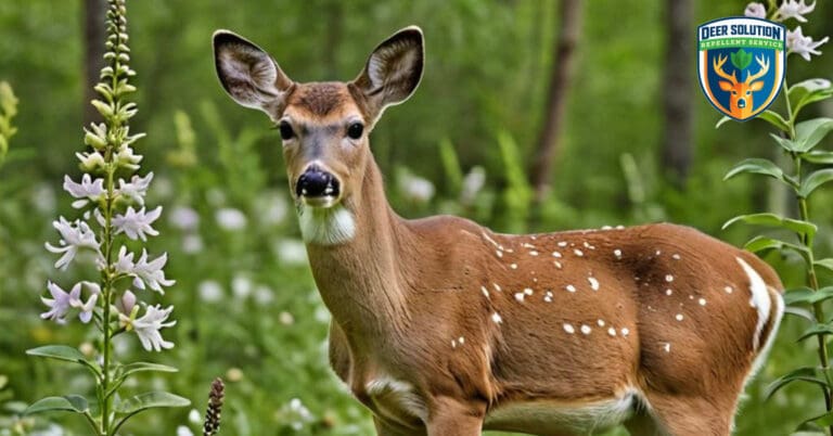 Vibrant beardtongue blossoms sway gently as a deer refrains from grazing, protected by Deer Solution's eco-friendly repellent barrier.
