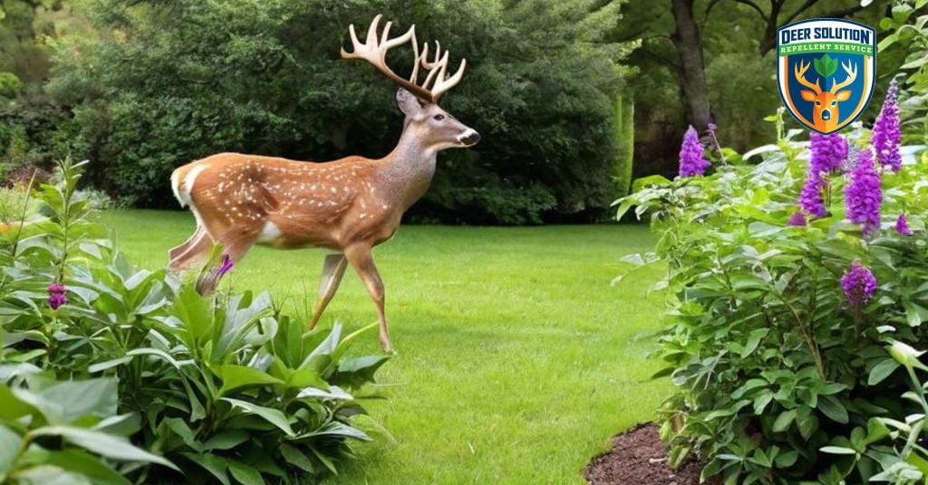 Vibrant beautyberries flourish in lush garden, protected by Deer Solution's eco-friendly repellent service.