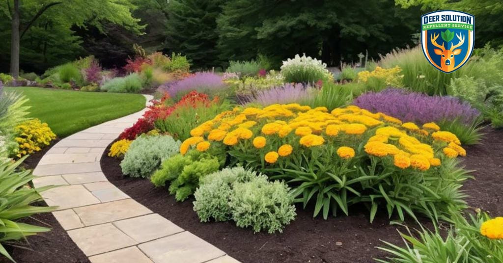 Lush green buffalo grass garden with vibrant flowers, birds, and butterflies - Deer Solution's eco-friendly approach