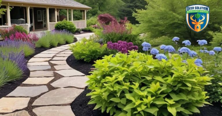 Vibrant bugleweeds, butterflies, and birds in a deer-resistant garden, showcasing Deer Solution's eco-friendly service.