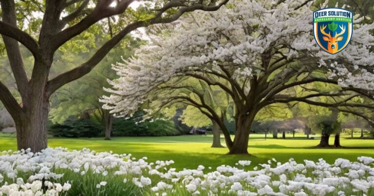 Serene garden with Burkwood Viburnums, native plants, and wildlife, protected by Deer Solution's eco-friendly repellent.