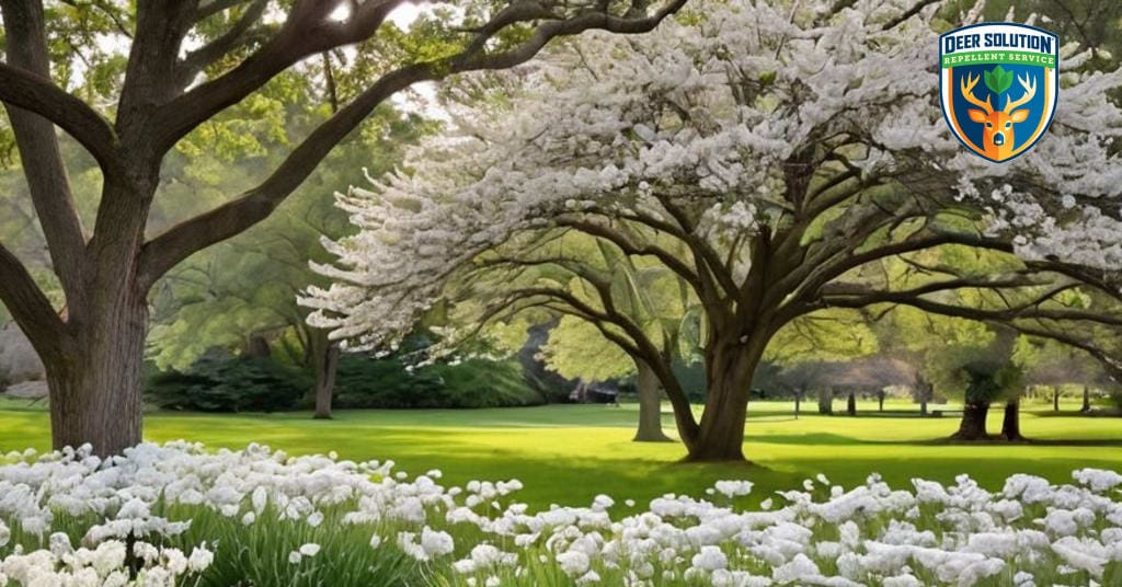 Serene garden with Burkwood Viburnums, native plants, and wildlife, protected by Deer Solution's eco-friendly repellent.