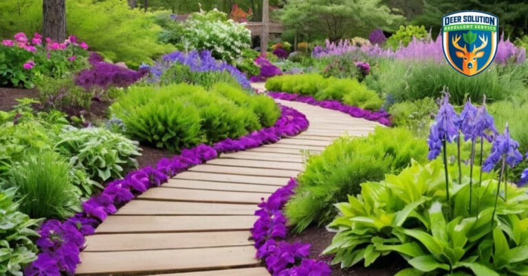 Vibrant garden with Canterbury bells, showcasing eco-friendly practices to deter deer and enhance biodiversity.