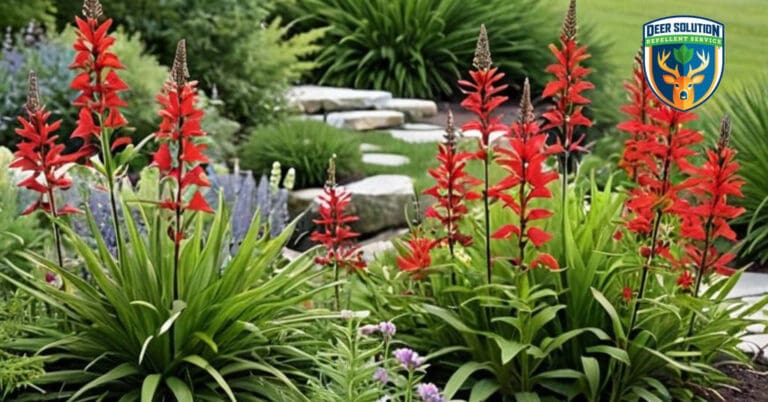 Cardinal flowers thrive in deer-resistant garden under eco-friendly repellent service, creating sustainable sanctuary where nature flourishes.