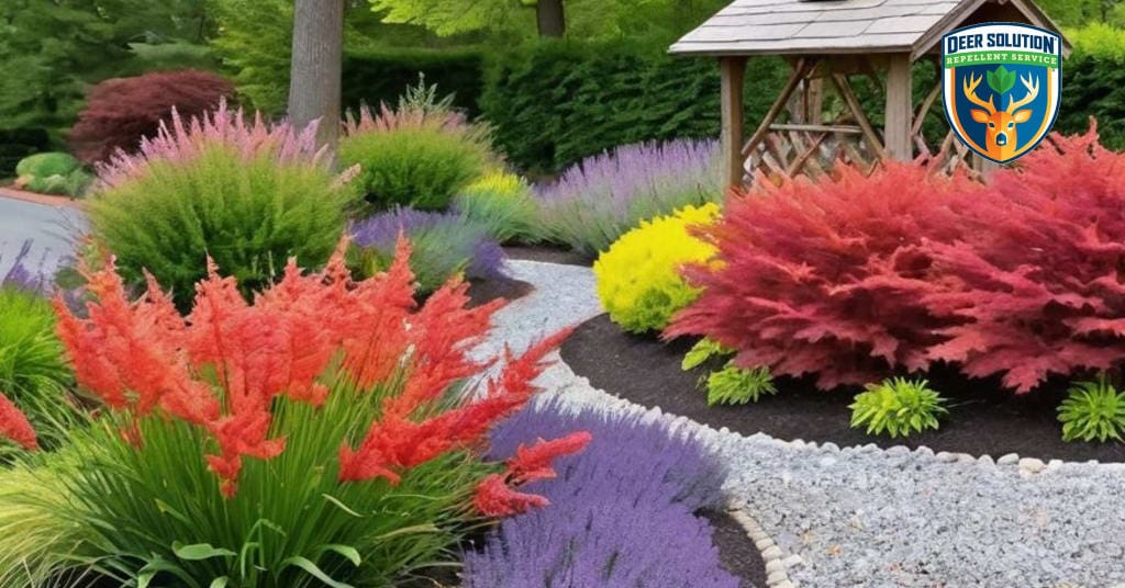 Eco-garden with coral bark maples, lavender, daffodils, guarded by Deer Solution®. Do deer eat these maples?