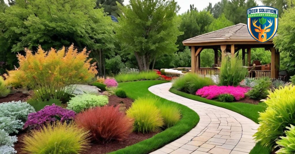 Lush garden with twisted corkscrew willows, colorful flowers, and Deer Solution's eco-friendly repellent service.