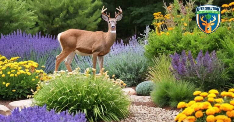 Deer-resistant garden with cupheas, lavender, marigolds, using Deer Solution's eco-safe repellent.