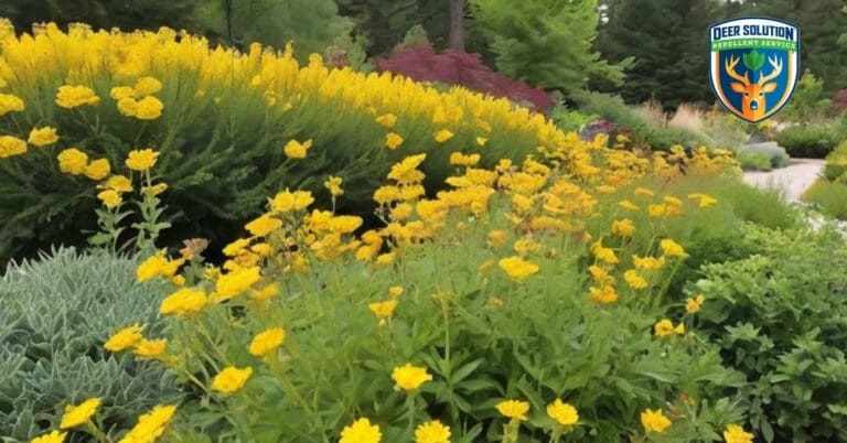Sustainable garden with golden ragworts, lush plants, and Deer Solution's eco-friendly deer deterrents.