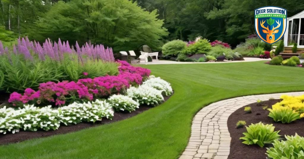 Lush garden with vibrant gooseneck loosestrife, protected by Deer Solution's eco-friendly repellent service.