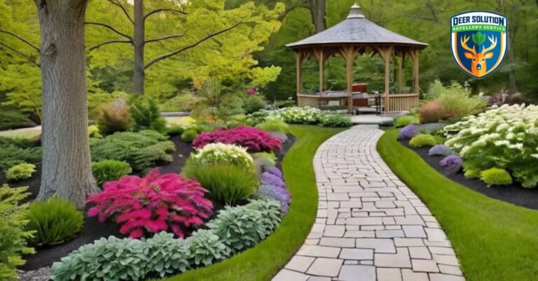 Serene garden with thriving gray dogwoods and vibrant blooms, showcasing Deer Solution's eco-friendly practices.