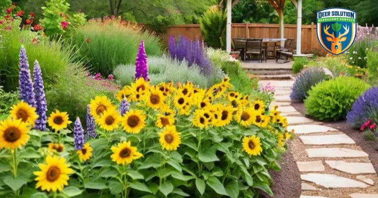 Eco-friendly garden with heliotropes, sunflowers, and a water feature, protected by Deer Solution's natural repellent.