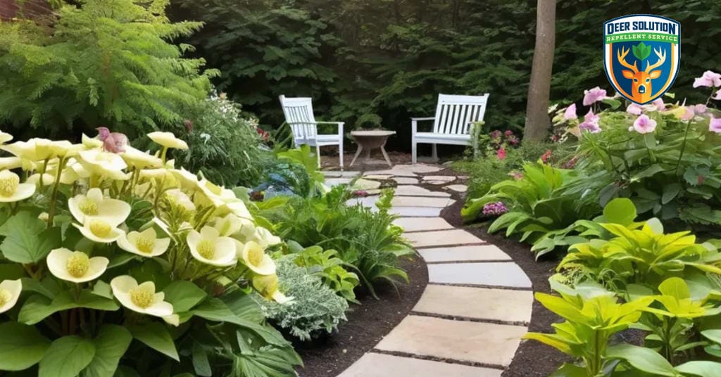Lush garden with hellebores and ferns thriving under Deer Solution's eco-friendly repellent service, deer grazing nearby.