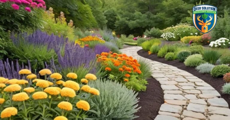 Lush garden with deer-resistant honeysuckle, lavender, and marigolds, protected by Deer Solution's eco-friendly repellent.
