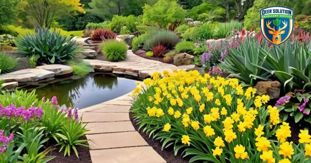 Eco-conscious garden with bladderworts, butterflies, pond, and Deer Solution’s repellent.