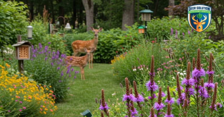 Lush garden with blooming lilies and wildlife, protected by Deer Solution's eco-friendly repellent