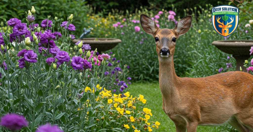 Lush garden with vibrant lisianthus blooms thriving under Deer Solution's® eco-friendly repellent service.