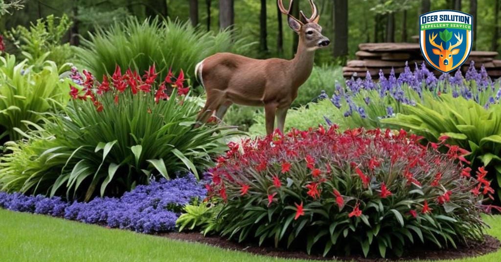 Deer peacefully grazing near vibrant lobelias in sustainable garden protected by Deer Solution's eco-friendly repellent service; do deer eat lobelias?