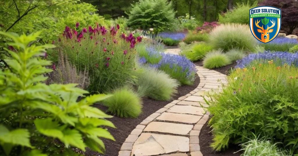 Eco-friendly garden with Love-in-a-Mist, shielded by Deer Solution® for deer resistance.