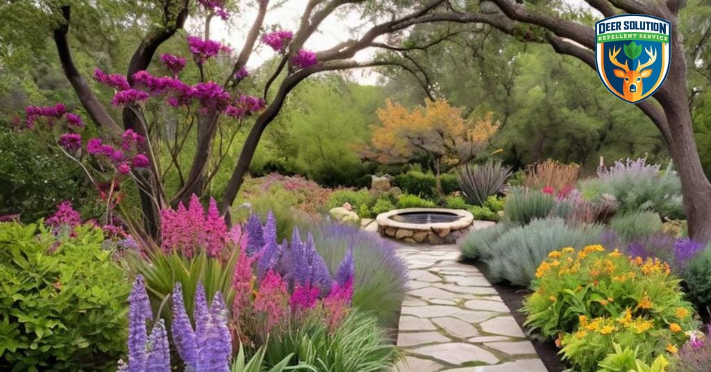 Sustainable garden with blooming Mexican sages, featuring Deer Solution® repellent service.