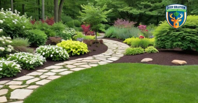 Sustainable garden with mock oranges, perennials, thriving with Deer Solution® repellent.