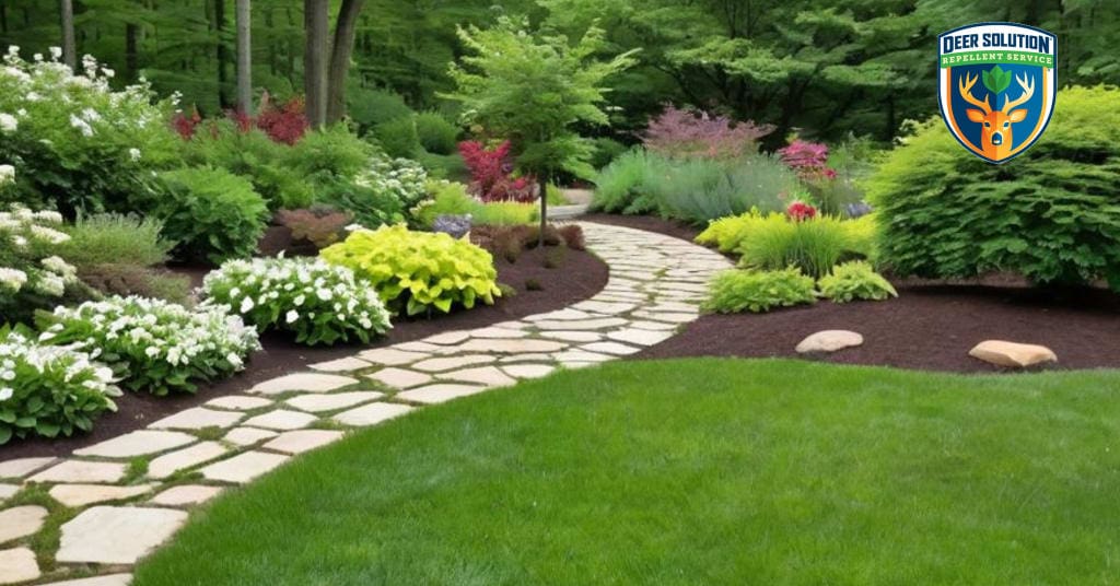 Sustainable garden with mock oranges, perennials, thriving with Deer Solution® repellent.