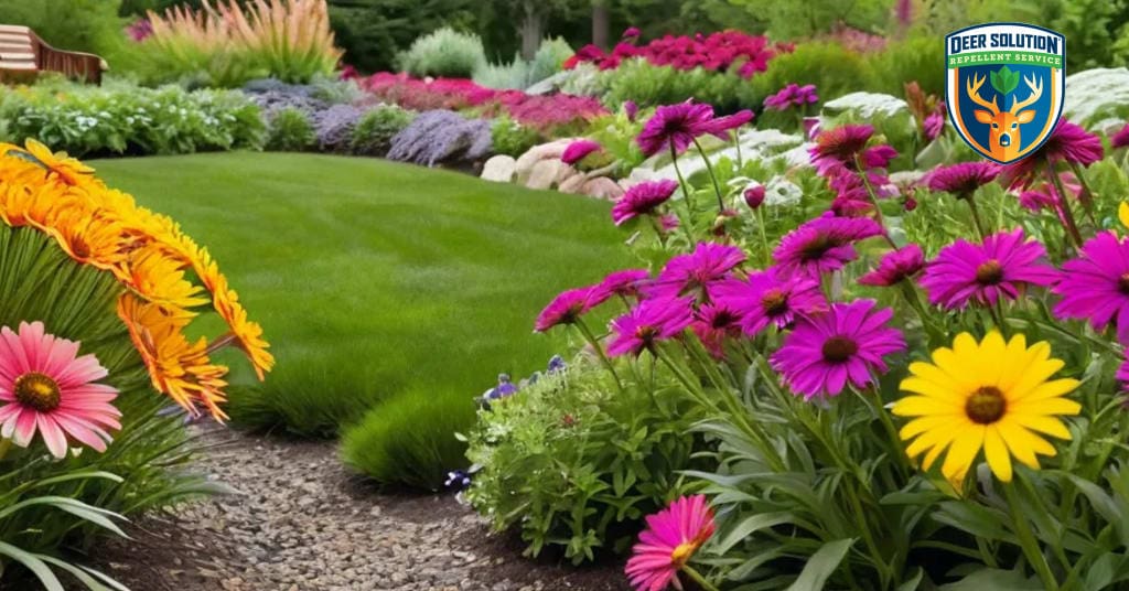 Vibrant painted daisies and native plants in a deer-resistant garden, protected by Deer Solution's eco-friendly service.