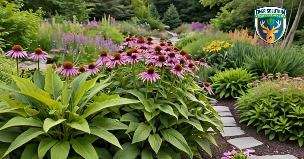 Lush garden with deer-resistant purple coneflowers and native plants, celebrating biodiversity through eco-friendly deer management.