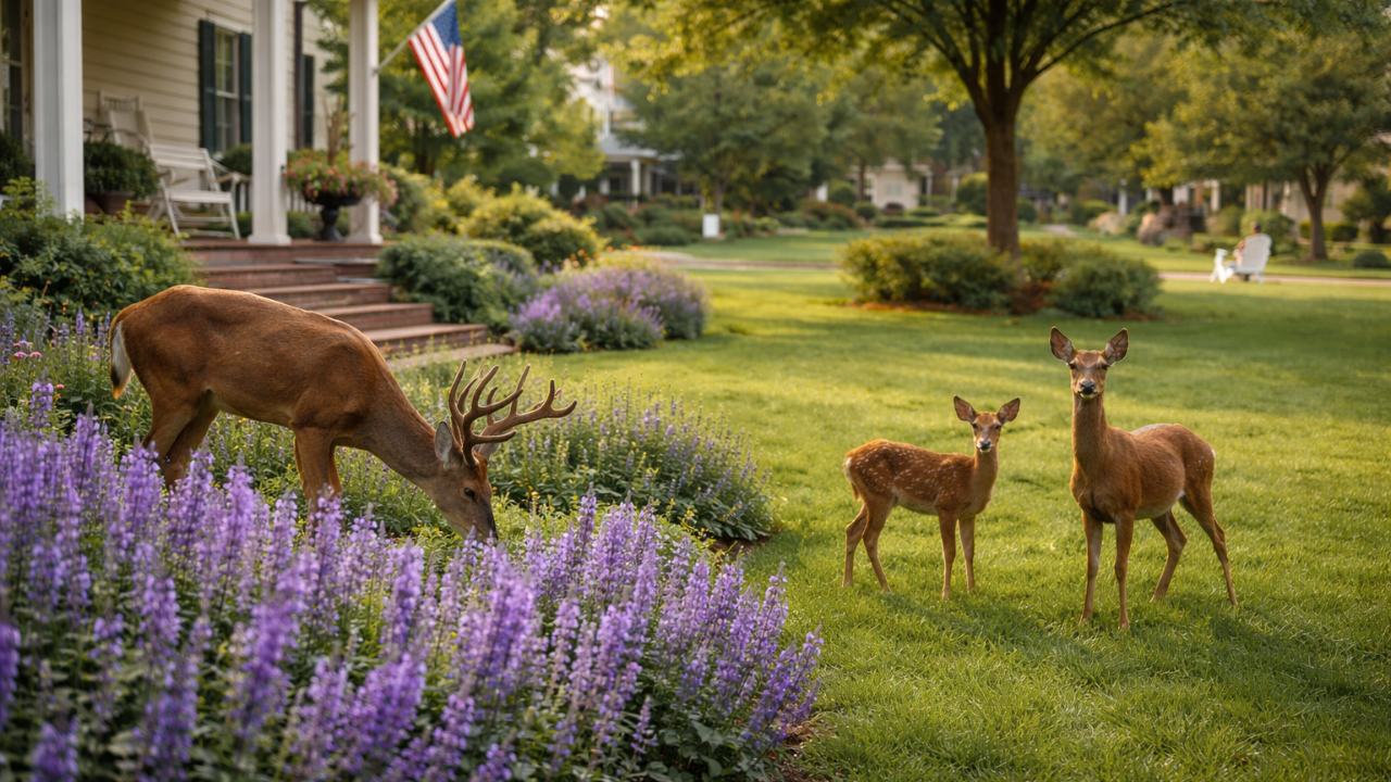 Vibrant deer-resistant salvia garden with butterflies and deer coexisting harmoniously through eco-friendly practices.