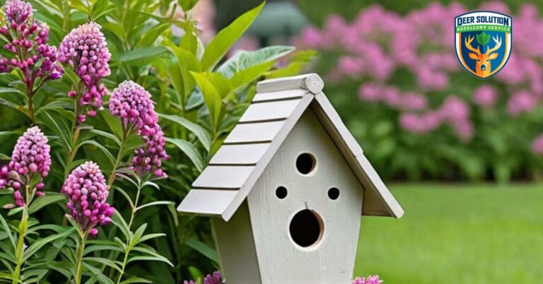 Lush garden with vibrant swamp milkweeds attracting wildlife, protected by Deer Solution's eco-friendly repellent