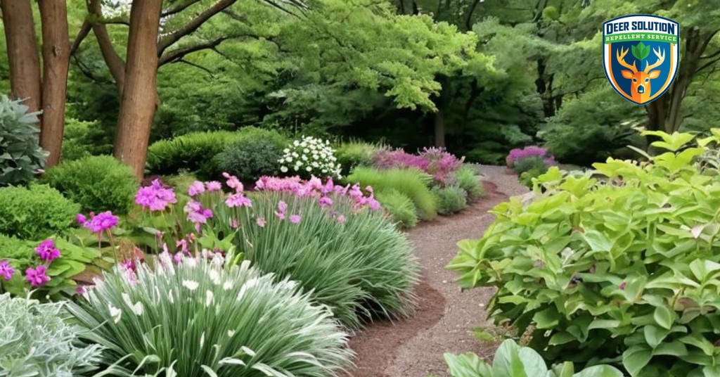 Lush, eco-friendly garden with deer-resistant turtleheads and native flora, protected by Deer Solution.
