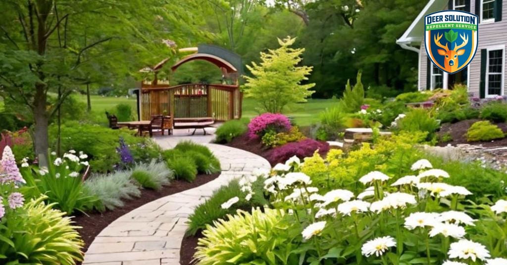 Lush garden with vibrant white wood asters, showcasing Deer Solution's eco-friendly repellent service