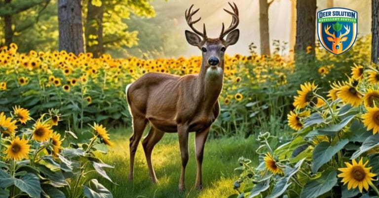 A lush garden filled with blooming WOODLAND SUNFLOWERS, protected from deer by an invisible barrier of natural, plant-based deer repellent.