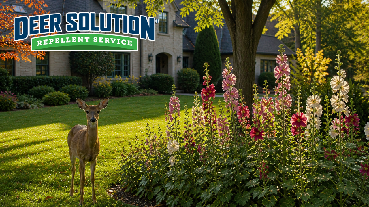 Brand logo 'Deer Solution Repellent Service' over a suburban front yard with a deer near tall pink and white flowers by a house.