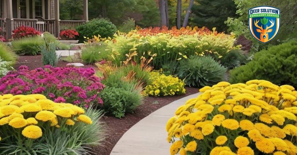 Vibrant autumn garden with thriving sneezeweeds, birds, and butterflies - a deer-resistant haven under Deer Solution's care.