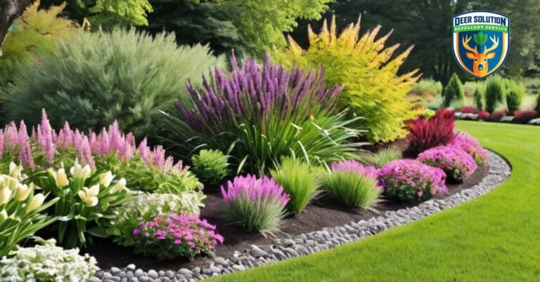 Tranquil garden: black mondo grass, blooming perennials, wildlife - Deer Solution's eco-friendly method.